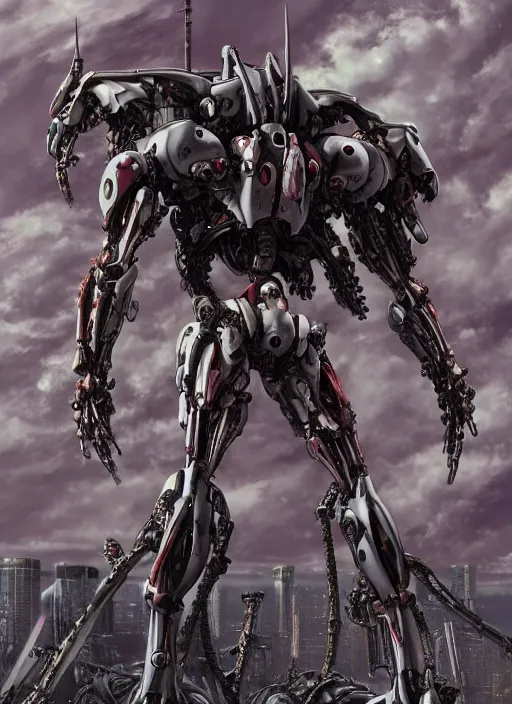 Image similar to mecha Evangelion by Yoshitaka Amano, by HR Giger, biomechanical, 4k, hyper detailed, hyperrealism, anime, a Blood Moon rising on a Broken World, deviantart, artstation