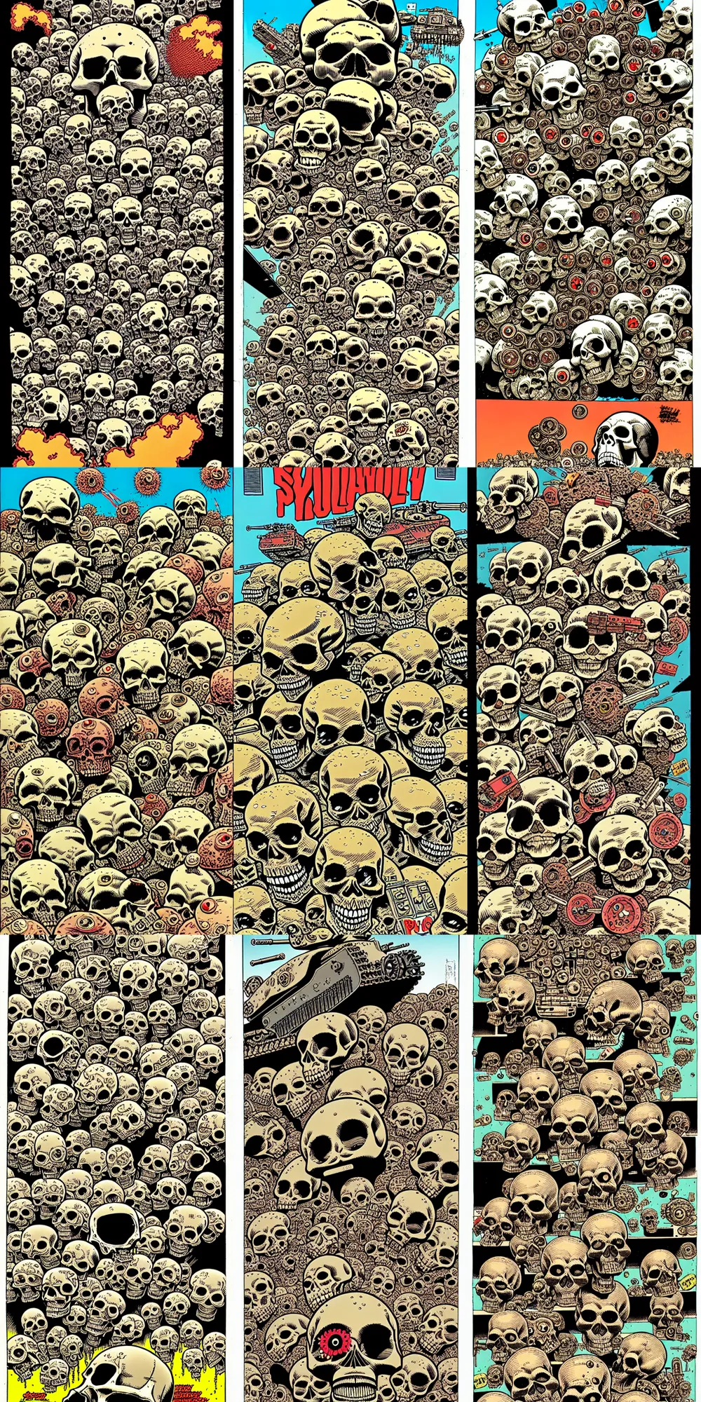 Prompt: skull, eyeball, impact, detonation, bullets, panzer tank, art by pushead and geof darrow