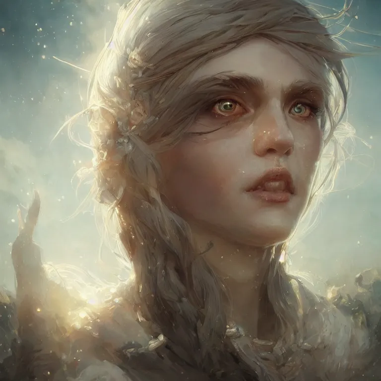 Image similar to a portrait of a beautiful hopeful lady with pretty eyes, beautiful eyes, highly detailed eyes, looking up onto the sky, light smiling, art of wlop and greg rutkowski, intricate, high details, epic fantasy art, bright light masterpiece, ray of light through white hair