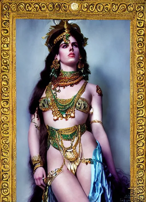 Image similar to studio photograph of lana del rey as shiva, clear facial features by john singer sargent, beautiful extravagant costume details, jewelry, beautiful lighting, octane.