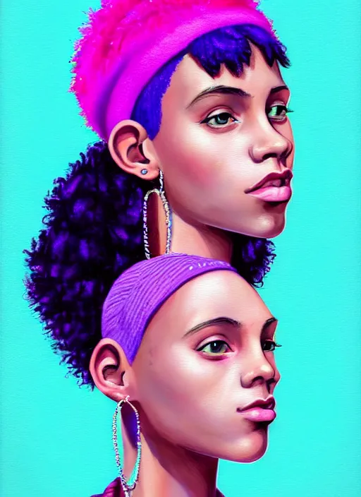 Prompt: portrait of teenage vanessa morgan with bright pink hair, black girl, curly pixie cut hair, wearing a purple breton cap, breton cap, hoop earrings, intricate, elegant, glowing lights, highly detailed, digital painting, artstation, concept art, smooth, sharp focus, illustration, art by wlop, mars ravelo and greg rutkowski