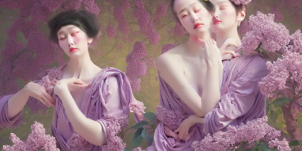 Image similar to reathtaking detailed concept art painting blend of two goddess of lilac flowers by hsiao ron cheng, vintage illustration pattern with bizarre compositions blend of flowers and plants and birds by beto val and john james audubon, exquisite detail, extremely moody lighting, 8 k