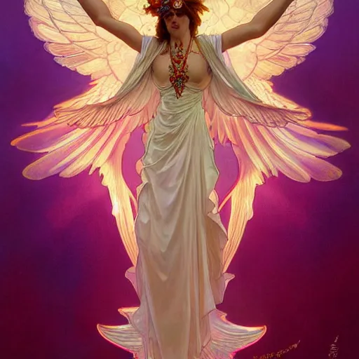 Image similar to a beautiful orchid phoenix angel woman, in an ornamented dress with large wings, volumetric light, god rays, 8 k high resolution, rubies, by alphonse mucha, artgerm, greg rutkowski