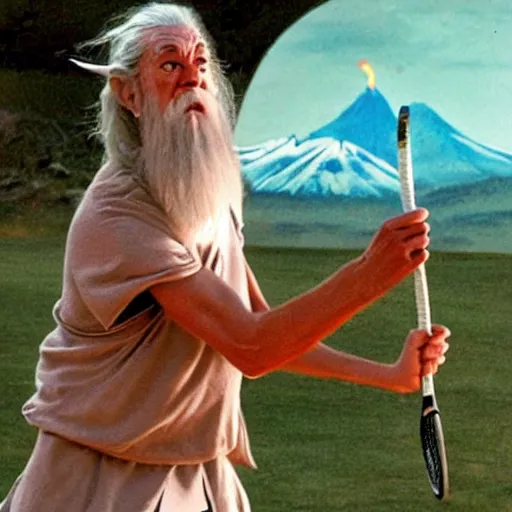 Prompt: Gandalf playing tennis with Sauron in front of Mount Doom.