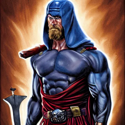 Prompt: photorealistic painting of Chris Hemsworth as Vanth Dreadstar , dark hooded assassin wielding a sword with an axe-blade hilt, extremely muscular male fantasy hero, extremely detailed, mixed media style comic book artwork, sci-fi fantasy art, sharp focus, perfectly symmetrical facial features, melancholy lighting, art by Angel Medina and Jim Starlin , hyperrealism, golden ratio, hyperdetailed, heavily detailed and intricate