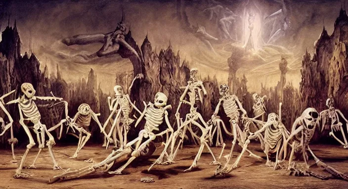 Prompt: photo of undead skeletons performing a sacred blasphemous mind-bending ritual, style of Wayne Barlowe, lavish rococo baroque setting, fashion-photography, unholy ceremony, sacrilegious rite, evil, menacing, ominous, threatening, sinister, malevolent. Highly-detailed, photographic, cinematic, dramatic, establishing shot