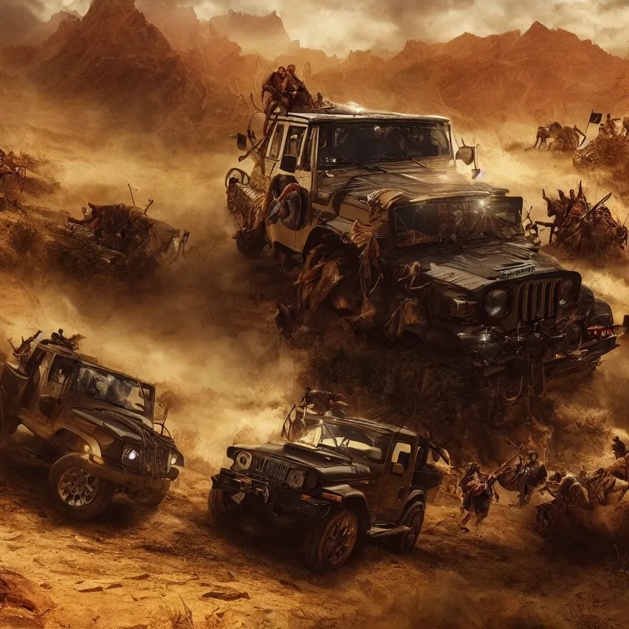 Image similar to Mahindra thar, tribe members attacking, action scene, an epic fantasy, dramatic lighting, cinematic, establishing shot, extremely high detail, photorealistic, cinematic lighting, artstation, by christopher nolan, horizon forbidden west