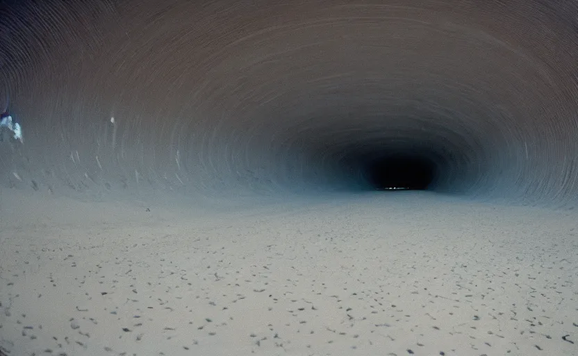 Image similar to high quality movie still of an infinite tunnel in the desert with giant deep wall, Cinestill 800t, heavy grainy picture, very detailed, high quality, 4k panoramic