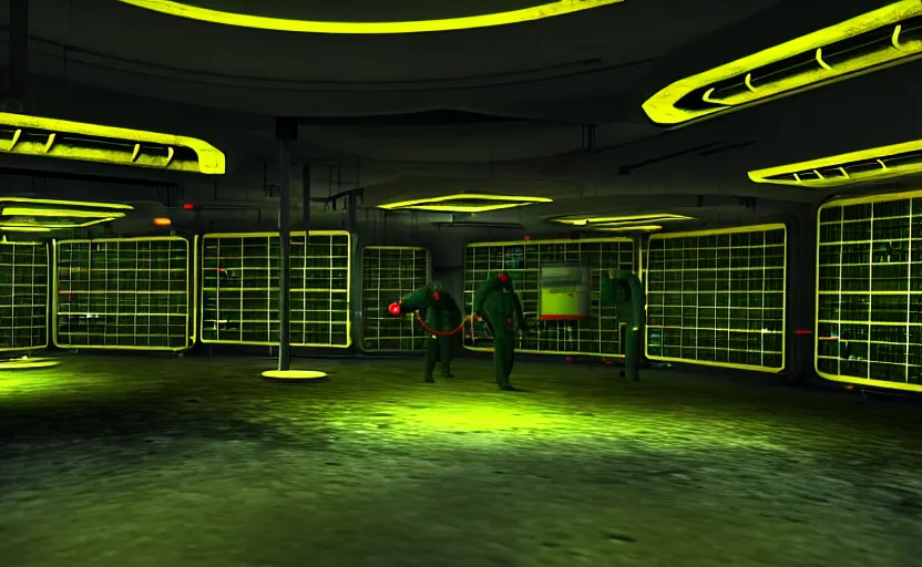 Prompt: in-game screenshot of a group of hazmat scientists on Playstation 2, in a liminal underground garden, photorealistic, retrofuturism, brutalism, staggered terraces, minimalist, soft vintage glow