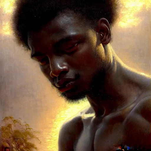 Prompt: a portrait of a good - lookiung black boy god,, high detail, cleary see face, by gaston bussiere, bayard wu, greg rutkowski, odd nerdrum, maxim verehin, dan dos santos, masterpiece, sharp focus, cinematic lightning - h 7 6 8