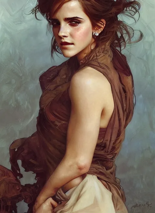 Image similar to oil painting of emma watson giving biting her lip seductive look. beautiful detailed face. by artgerm and greg rutkowski and alphonse mucha