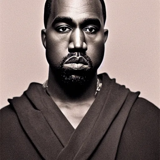 Image similar to a chiaroscuro lighting portrait of kanye west dressed as rick owens, black background, portrait by julia margaret cameron, shallow depth of field, 8 0 mm, f 1. 8