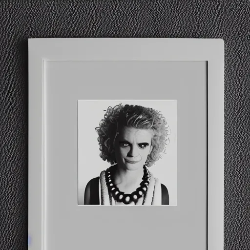 Image similar to symmetrical human portrait of lisa simpson with pearl necklace and with blonde curly hair, grainy high contrast black and white photography photo print ilford warm tone