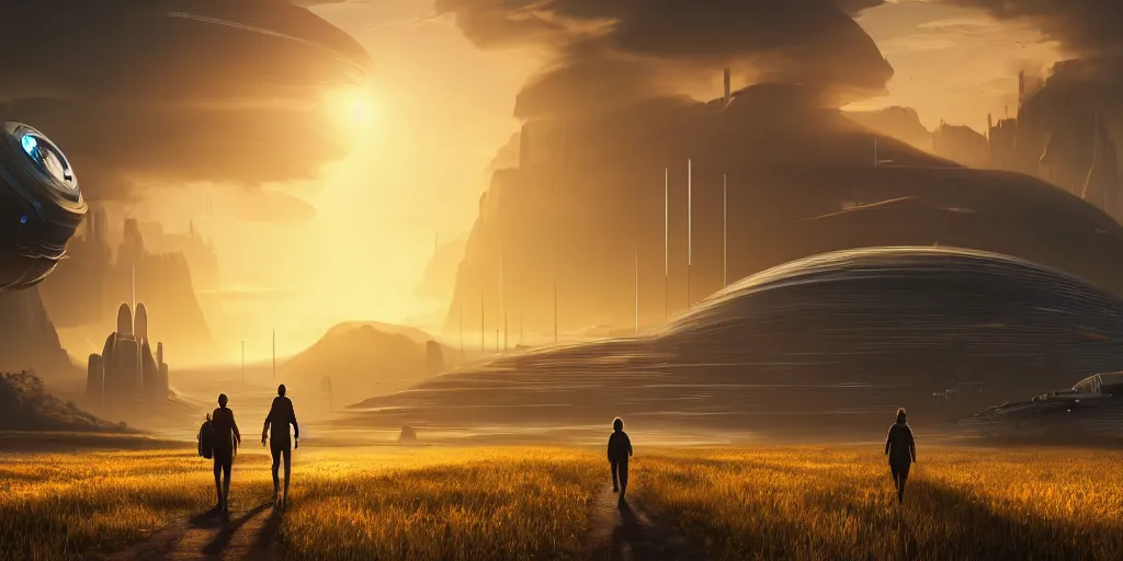 Prompt: A science fiction landscape with two people walking down a road flanked by fields, in the distance a floating futuristic city, golden hour, volumetric light, hyperdetailed, artstation, cgsociety, 8k