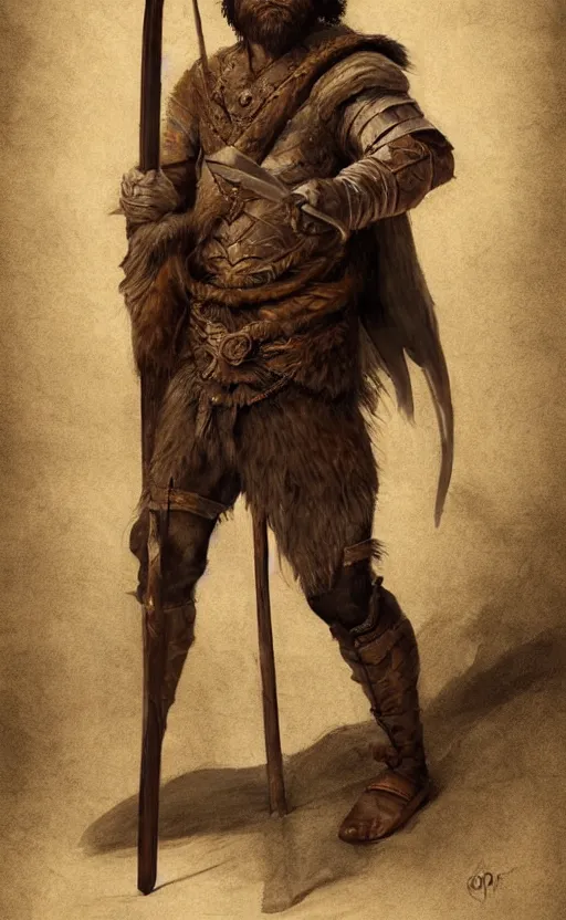 Image similar to renaissance full body portrait of a gruff ranger with a spear, lean and toned, handsome face, hairy chest and hairy body, D&D, intricate, elegant, highly detailed, digital painting, artstation, concept art, matte, sharp focus, chiaroscuro, well list, sharp detail, illustration, art by Da Vinci, Artgerm and Greg Rutkowski and Alphonse Mucha