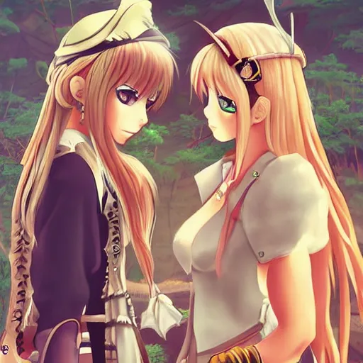 Image similar to a serious stare down between two beautiful pirate girls standing face to face, detailed anime art