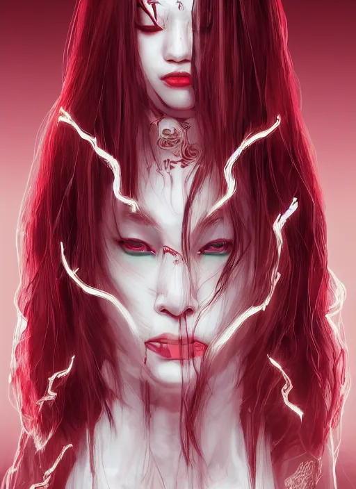 Image similar to albino maiko with very long fantasy hair, fluent composition, red and white neon, concept art, ambient light, 4 k, intricate details, highly professionally detailed, cgsociety, highly detailed -