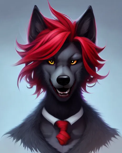 Prompt: character concept art of a black anthropomorphic furry male wolf with long red hair | | cute - fine - face, pretty face, key visual, realistic shaded perfect face, fine details by stanley artgerm lau, wlop, rossdraws, james jean, andrei riabovitchev, marc simonetti, and sakimichan, trending on artstation