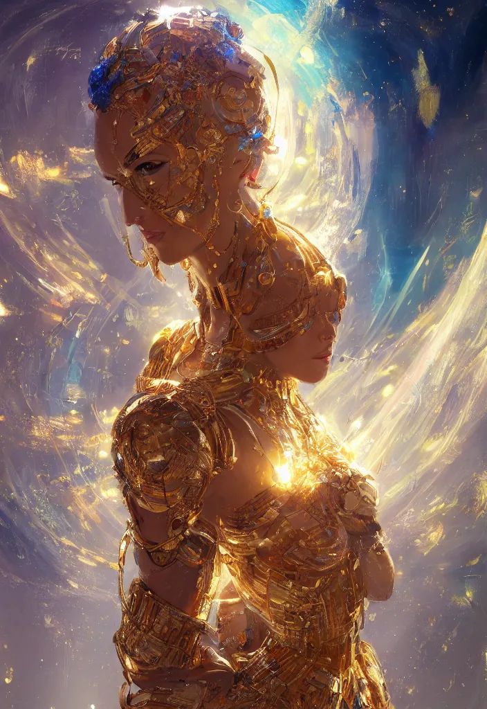 Image similar to the electronexus , goddess with golden skin with blue adornments ,Wadim Kashin, artgerm, XF IQ4, f/1.4, ISO 200, 1/160s, 8K, RAW, featured in artstation, illustrative, elegant, intricate, 8k