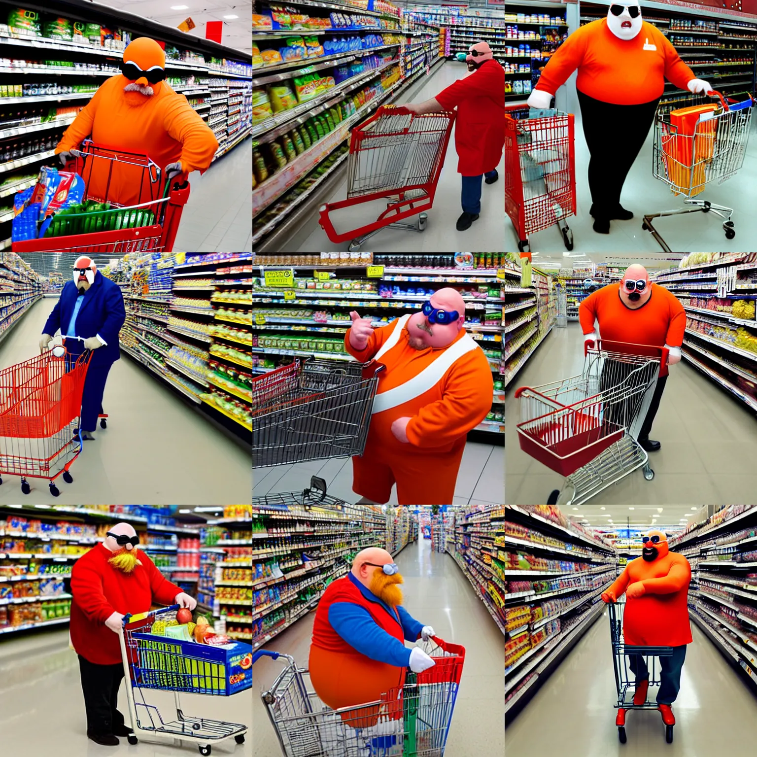 Prompt: dr. robotnik pushing a shopping cart at a supermarket, wearing goggles, bald, long and orange mustache, red uniform, overweight