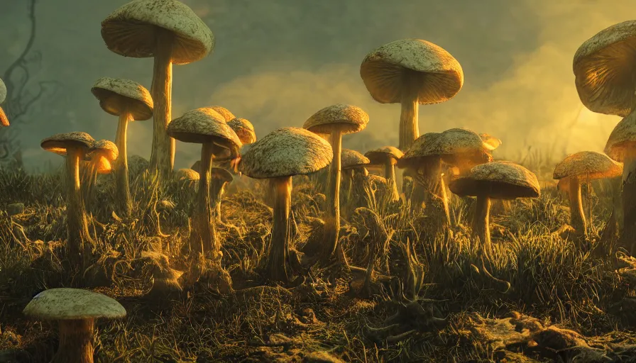 Prompt: hyper realistic highly detailed nature photography of mushroom skeleton zombies, prehistoric planet, volumetric lighting, octane render, 4 k resolution, golden hour