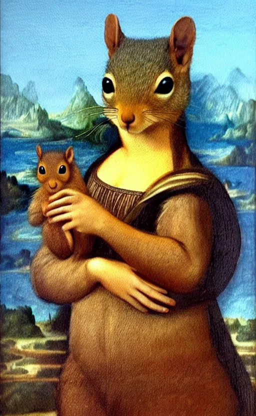 Prompt: Painting of a squirrel in a style of Mona Lisa