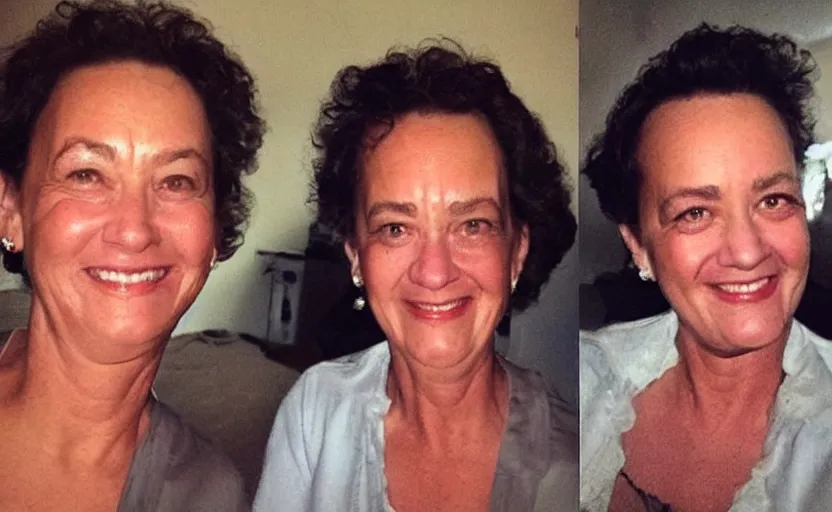 Prompt: my aunt look like Tom Hanks if he was a woman lol, close-up, uncomfortable, phone quality, camera flash on, viral photo, viral on instagram