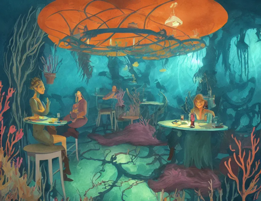 Prompt: witch in an underwater cafe. complementary colors, gouache, indie concept art, bloom, chiaroscuro, backlighting, intricate details.