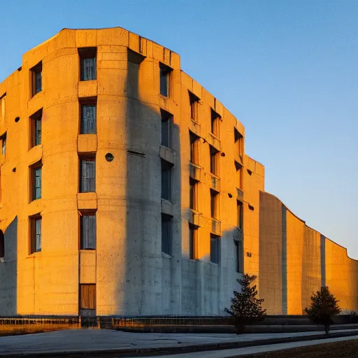 Image similar to a wide shot of a soviet beautiful brutalist monumental building, with many rounded elements sprouting from the base tower creating a feel of an organic structure, photography shot at golden hour