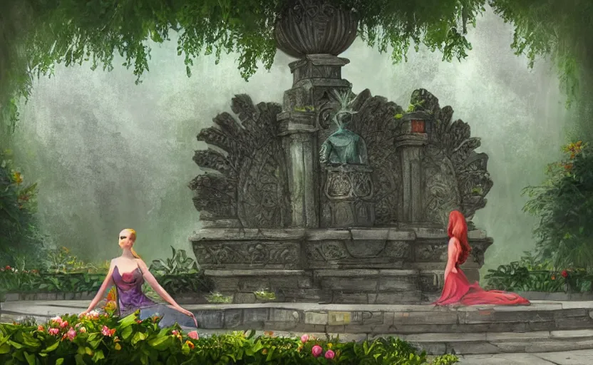 Image similar to The kneeling statue of a woman in a beautiful garden, next to a fountain and a mystical palace, and all this in a foggy and mysterious atmosphere.Fantasy and concept art, colorful digital painting.