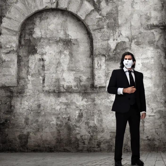 Image similar to cinematic movie, background is castle and steps, with a man wearing a silver melt mask, silver wavy long hair, black suit, 4 k