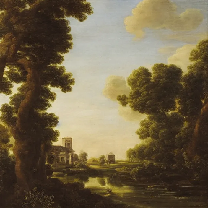 Image similar to a building in a serene landscape, rococo art