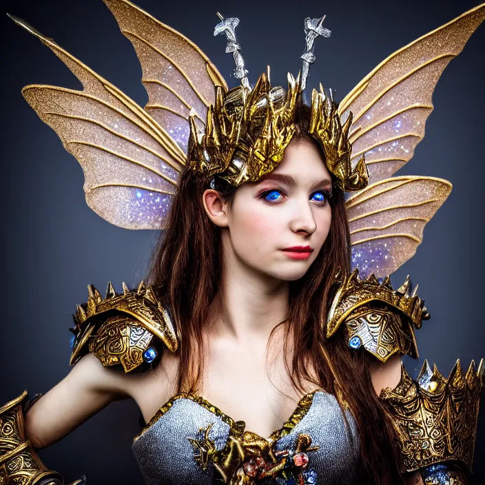 Prompt: photo of a very beautiful!! fairy queen with ornate sparkling armour, highly detailed, 4 k, hdr, smooth, sharp focus, high resolution, award - winning photo