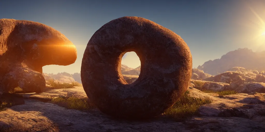 Image similar to epic landscape, rock shaped in the form of a doughnut with sunlight coming through, 8 k uhd, unreal engine, octane render in the artstyle of kuindzhi