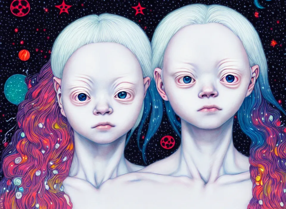 Prompt: portrait of the albino girl with starry eyes, hikari shimoda, james jean, cosmic, manga,anime