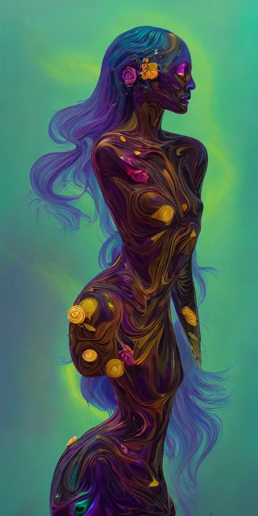 Image similar to 👾👗🛸🌈🧛🏾♀, phantom, dreary, flowers, dramatic, fluid, iridescent, golden ratio, artstation, moebius + loish + wlop, hd, oil painting, hyper realistic,