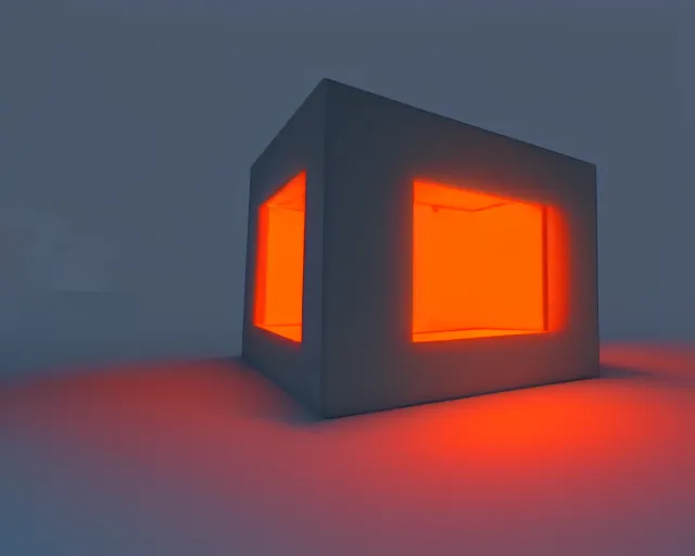 Prompt: a neon orange glow underneath a dark grey glass opaque cube, volumetric lighting, 4 k hyperrealengine, global illumination