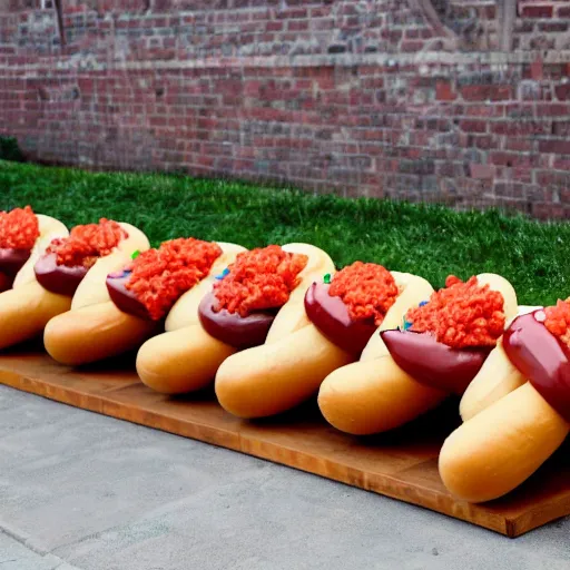 Prompt: award winning twenty meter long hotdog on a long table