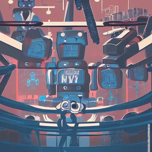 Image similar to a beautiful highly detailed vector illustration close up of a boxing match with robots in a factory, punk styling by atay ghailan, cliff chiang, loish and goro fujita, silver, silver, brown, black, blue and cyan tones, featured on artstation, featured on behance, grunge aesthetic