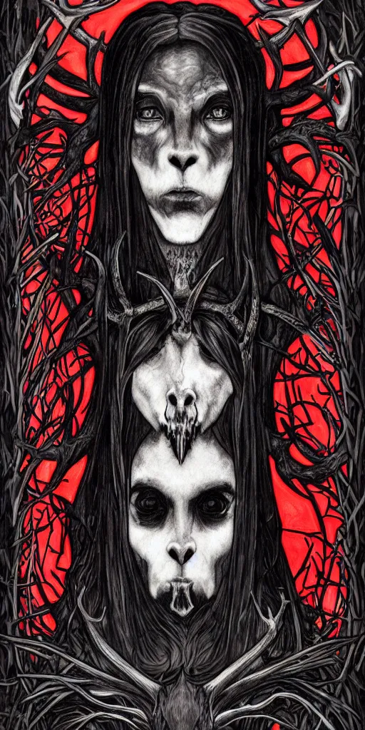 Image similar to intense glowing black metal pagan god with antlers and blood and intense glowing eyes with a goat skull in very dark forest by marco mazzoni and alphonse mucha, portrait, fantasy, clear, red and black and white, light beams, lens flare, intense, uhd, amazing depth, cinematic lighting