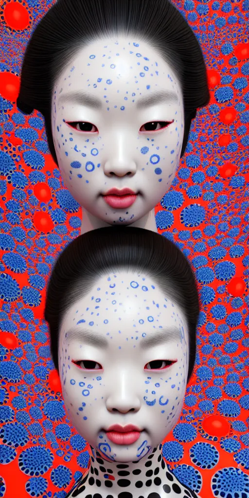 Image similar to hyperrealistic detailed image of a geisha in a art installation room, hd smooth interior by yayoi kusama, part by kei mieno, part by ross tran, dark art by james jean, ultra realistic, highly detailed, life like face, detailed body, 8 k, 3 d render by roger magrini, very cohesive, masterpiece