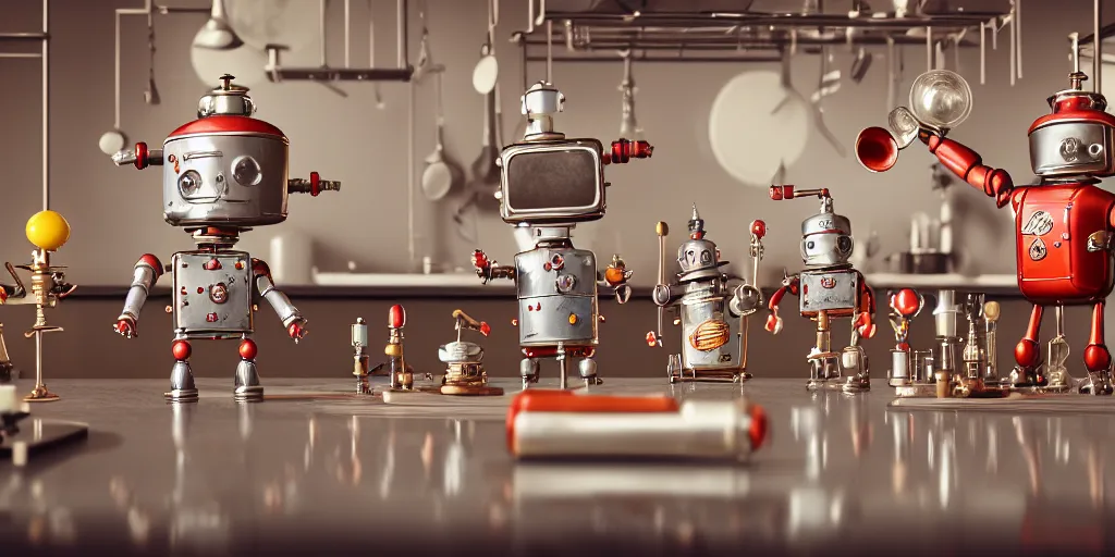 Prompt: closeup portrait of tin toy retro robot scientists in a kitchen, cooking pastry with flasks, depth of field, zeiss lens, detailed, centered, fashion photoshoot, by nicoletta ceccoli, mark ryden, lostfish, breathtaking, 8 k resolution, extremely detailed, beautiful, establishing shot, artistic, hyperrealistic, octane render