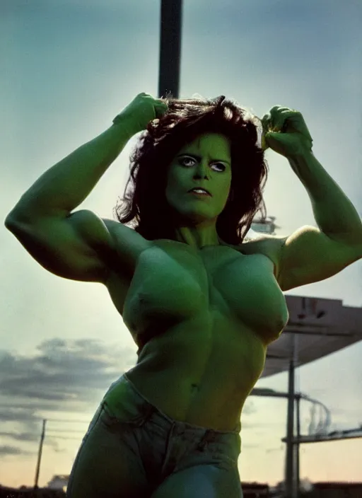 Image similar to a color photo portrait of she hulk in la by annie liebovitz, dramatic lighting, 7 5 mm lens, sharp focus.