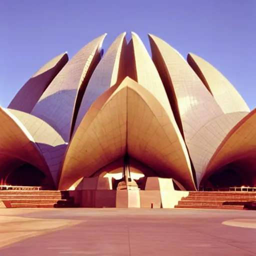 Prompt: futuristic lotus temple with gold, red and white marble panels, in strong sunshine in the desert, by buckminster fuller and syd mead, intricate contemporary architecture, photo journalism, photography, cinematic, national geographic photoshoot