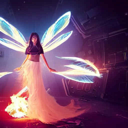 Prompt: a girl like yoona, in a glowing skirt with feathers, wearing cybernetic bunny ears, casting fire spell in shape of a butterfly, in the middle of round ruins, background cyberpunk spaceship, full shot, photo, geometries, elegant, Fibonacci, volumetric lighting, epic composition, intricate details, dark neon punk, by denis villeneuve , Greg Rutkowski and Alphonse Mucha
