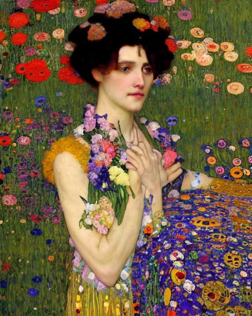 Image similar to a beautiful woman in a colorful dress surrounded by colorful patterns and flowers by gustave klimt and edgar maxence and john william waterhouse and michael whelan, artistic, intricate realistic fantasy, extremely detailed and beautiful face, 8 k resolution, dramatic lighting