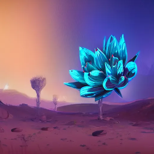 Prompt: detailed cyber flower at the desert landscape at the night highly detailed, lighting, sharp focus, in cyberpunk aesthetic, digital painting