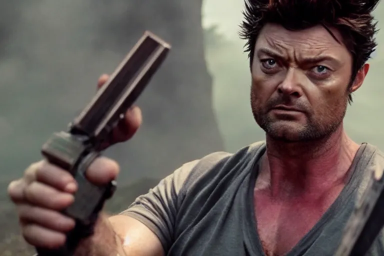 Image similar to film still frame of karl urban as wolverine, high quality