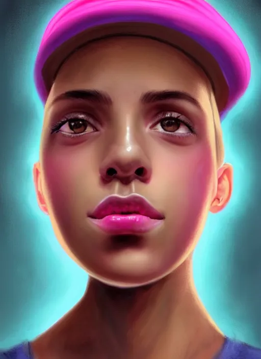 Image similar to portrait of teenage vanessa morgan with bright pink hair, black girl, curly pixie cut hair, wearing newsboy cap, pink short haircut, newsboy cap, hoop earrings, blue eyes, intricate, elegant, glowing lights, highly detailed, digital painting, artstation, concept art, smooth, sharp focus, illustration, art by wlop, mars ravelo and greg rutkowski