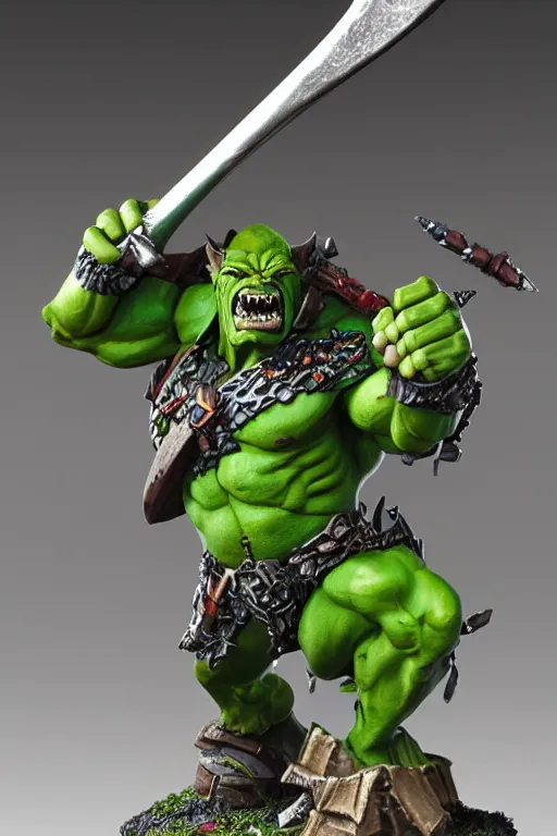 Prompt: a huge green orc swinging a battle axe. detailed painted Games Workshop miniature, studio lighting